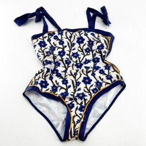 Urban Outfitters One Piece Swimsuit Blue Floral Print Tie Shoulder Size L